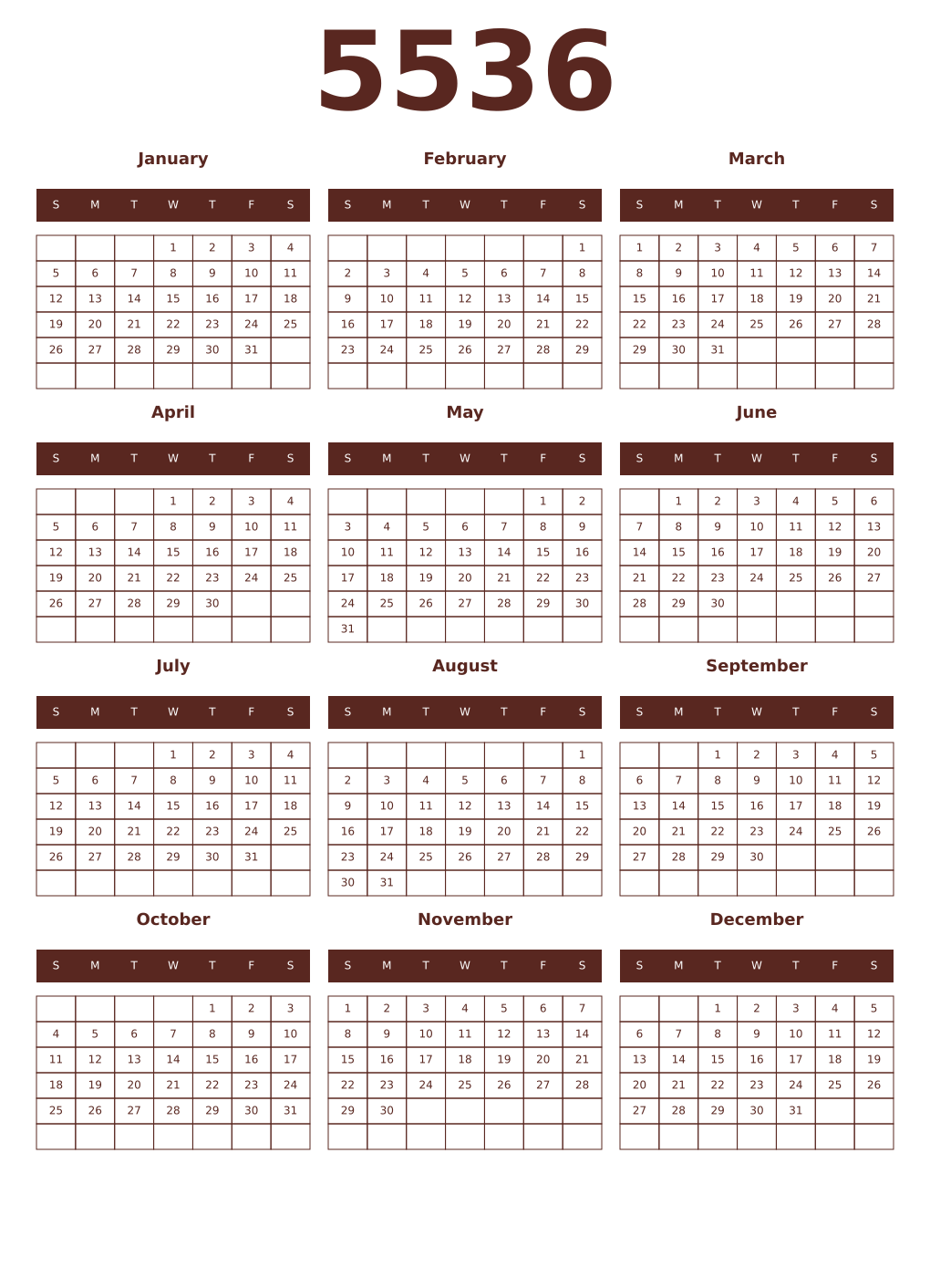 Printable 5536 Year Calendars mortuum
