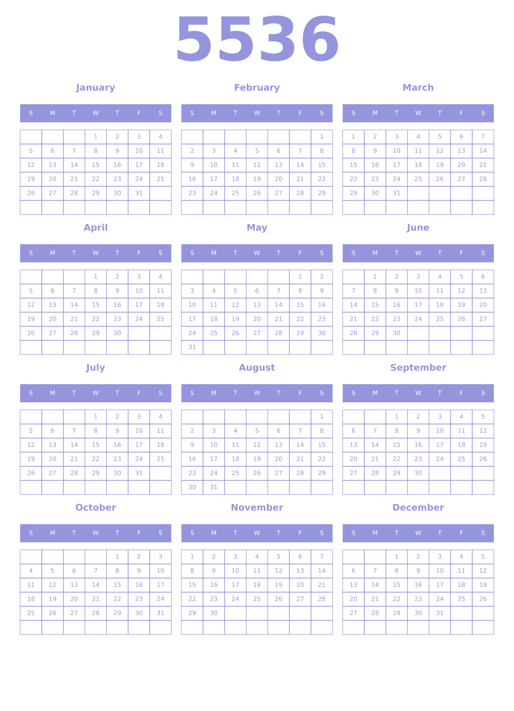 Printable 5536 Year Calendars periwinkle