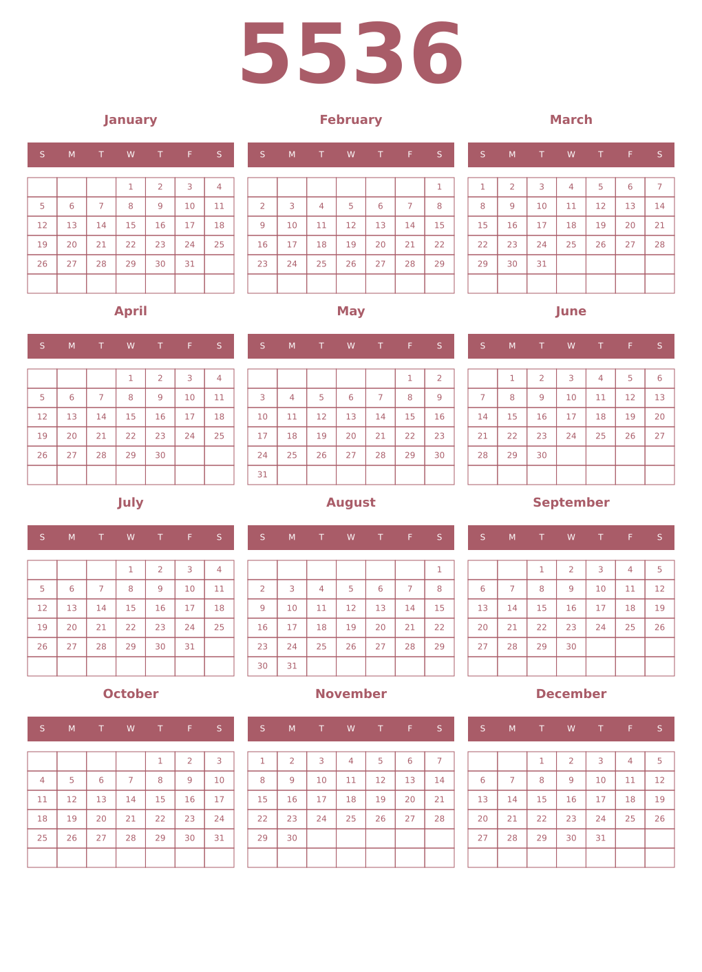 Printable 5536 Year Calendars puce