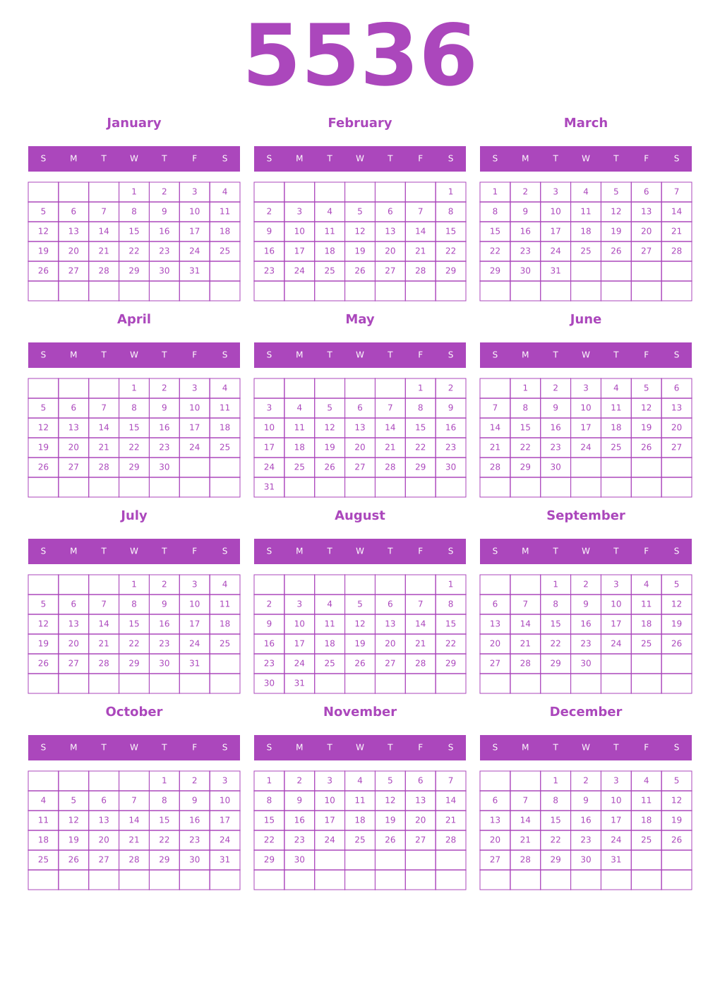 Printable 5536 Year Calendars purple