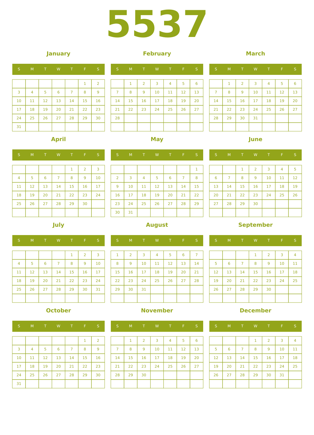 Printable 5537 Year Calendars chartreuse