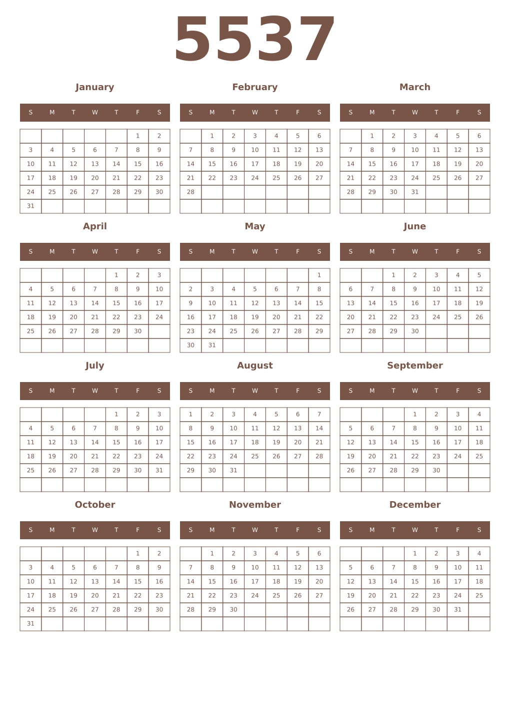 Printable 5537 Year Calendars coffe