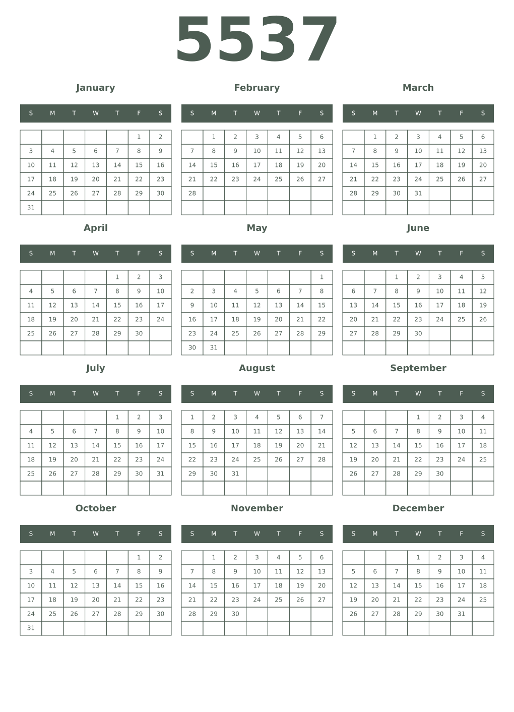 Printable 5537 Year Calendars feldgrau