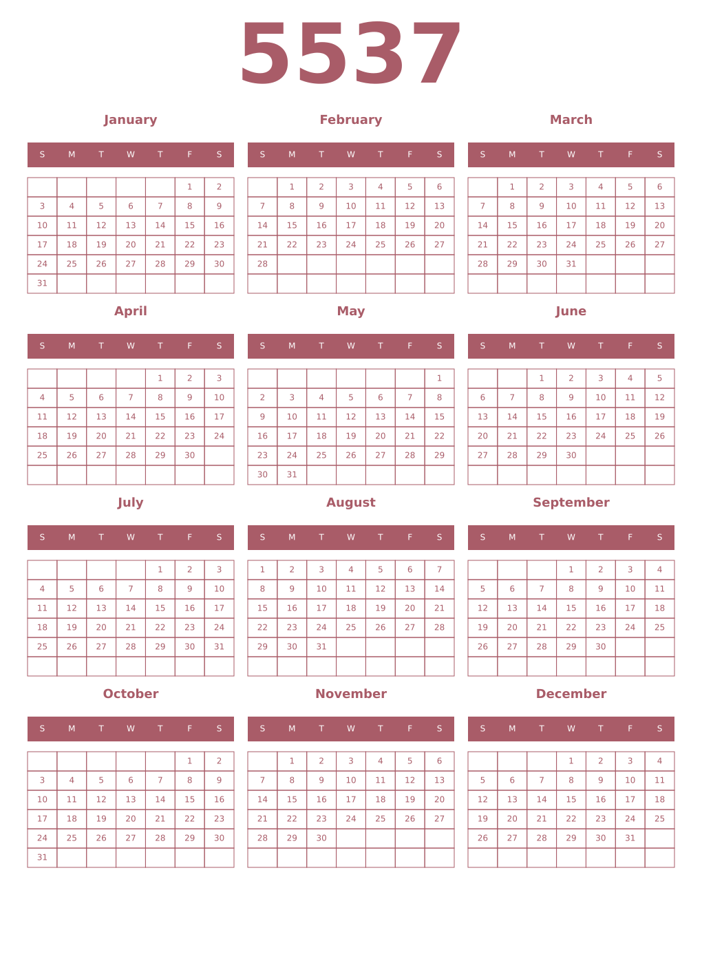 Printable 5537 Year Calendars puce