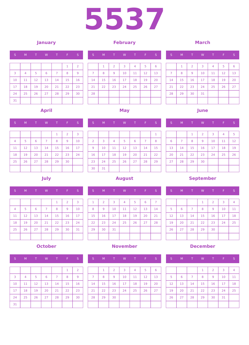 Printable 5537 Year Calendars purple