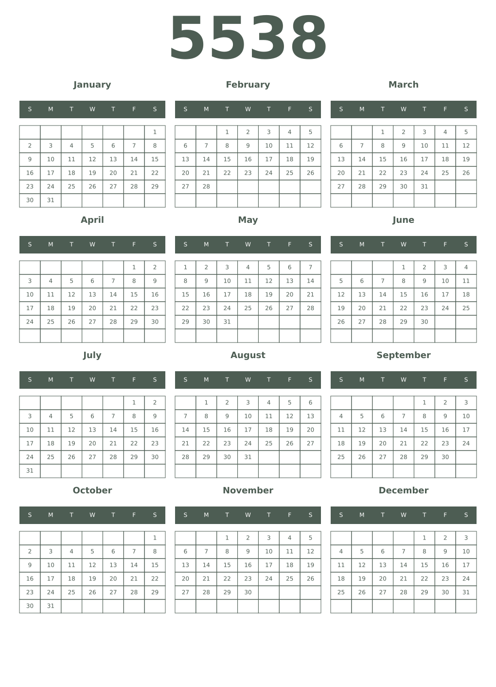 Printable 5538 Year Calendars feldgrau