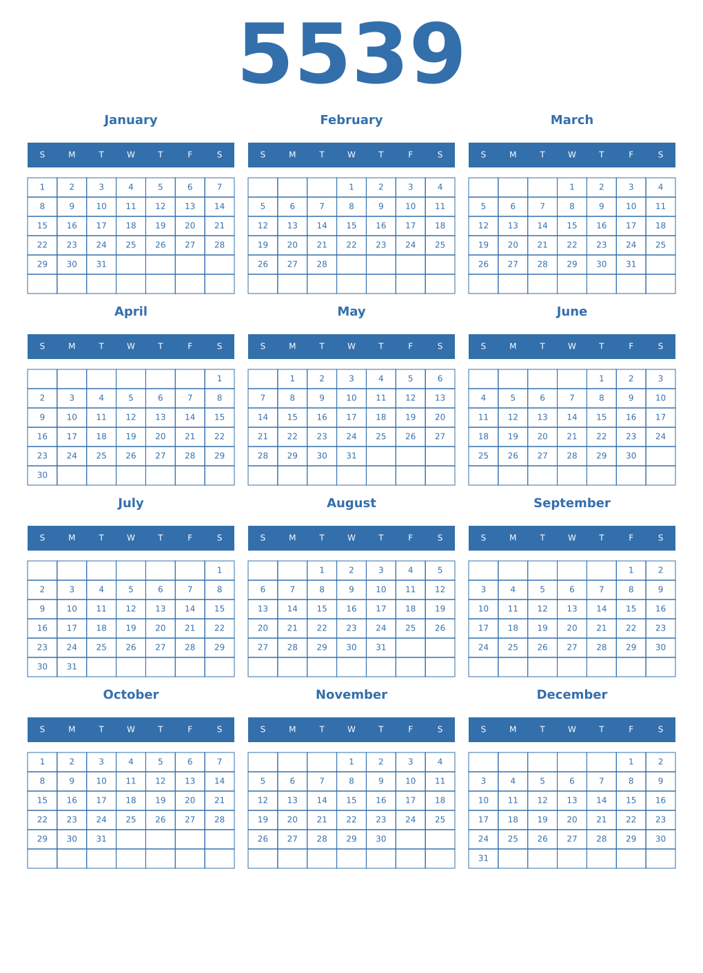 Printable 5539 Year Calendars blue