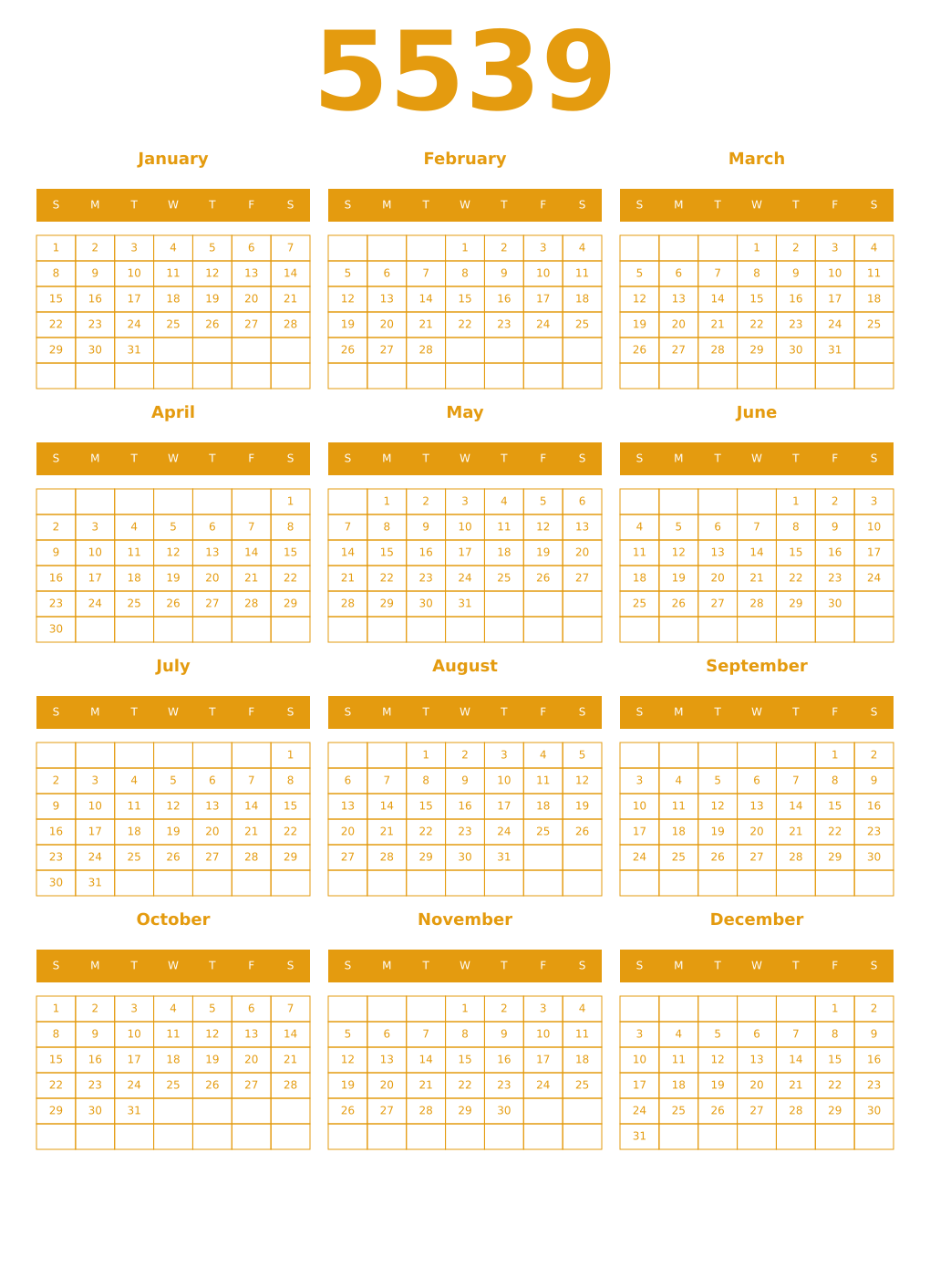 Printable 5539 Year Calendars gamboge