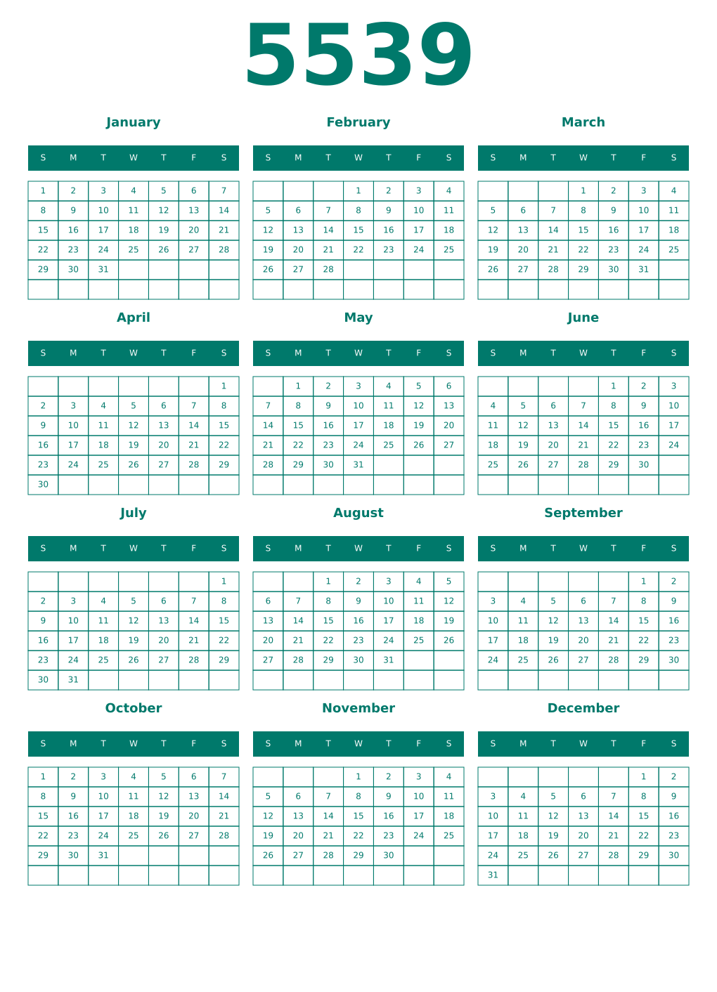 Printable 5539 Year Calendars pastel