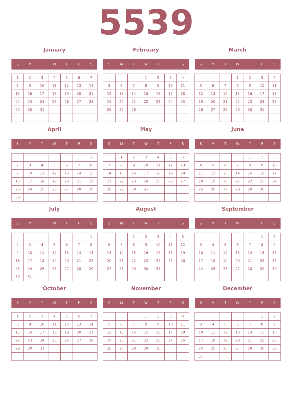 Printable 5539 Year Calendars puce
