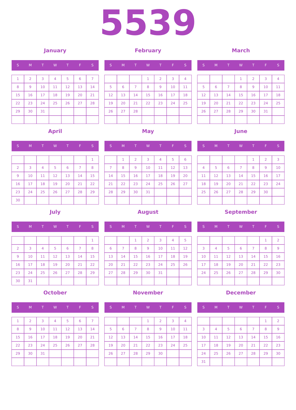 Printable 5539 Year Calendars purple