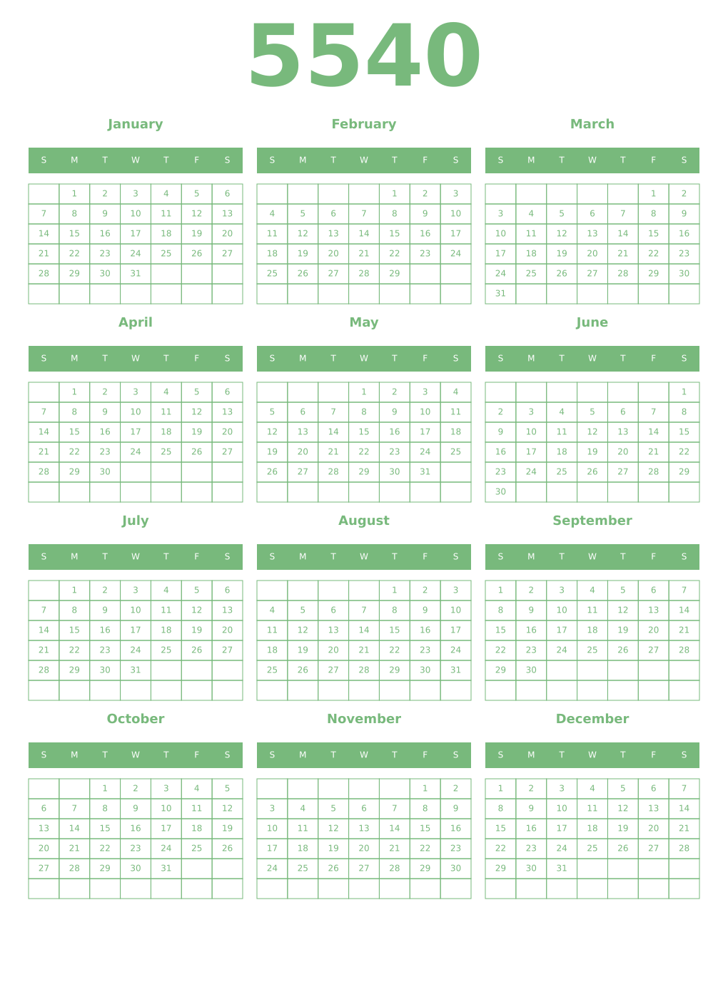 Printable 5540 Year Calendars celadon