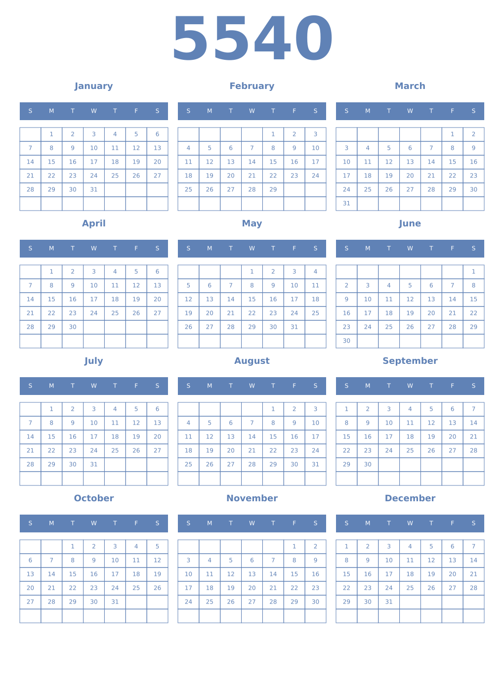 Printable 5540 Year Calendars glaucous