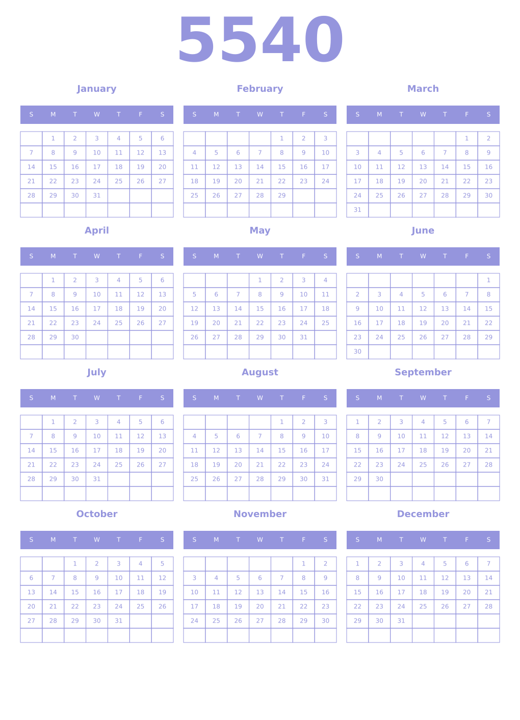Printable 5540 Year Calendars periwinkle