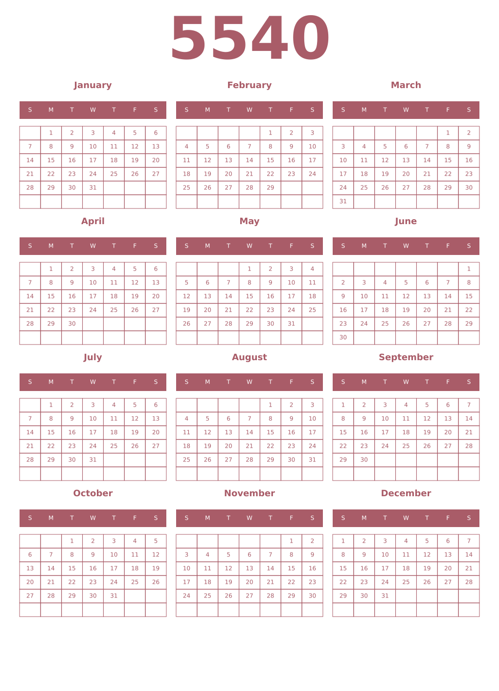 Printable 5540 Year Calendars puce
