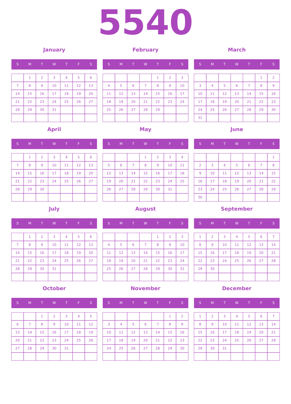 Printable 5540 Year Calendars purple