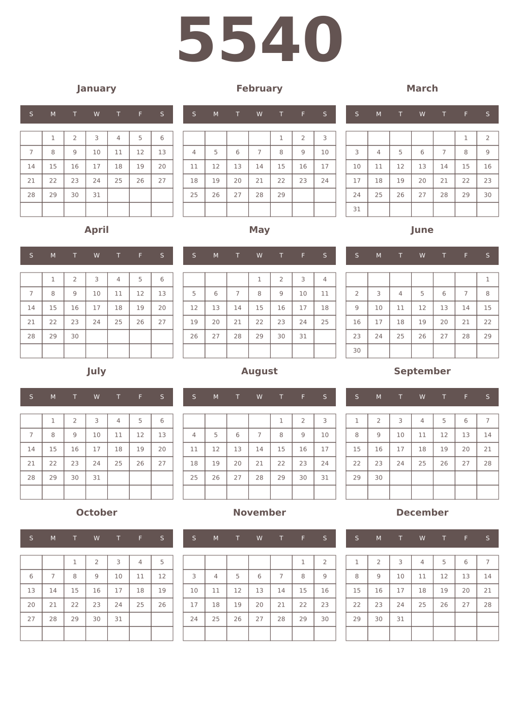 Printable 5540 Year Calendars wenge