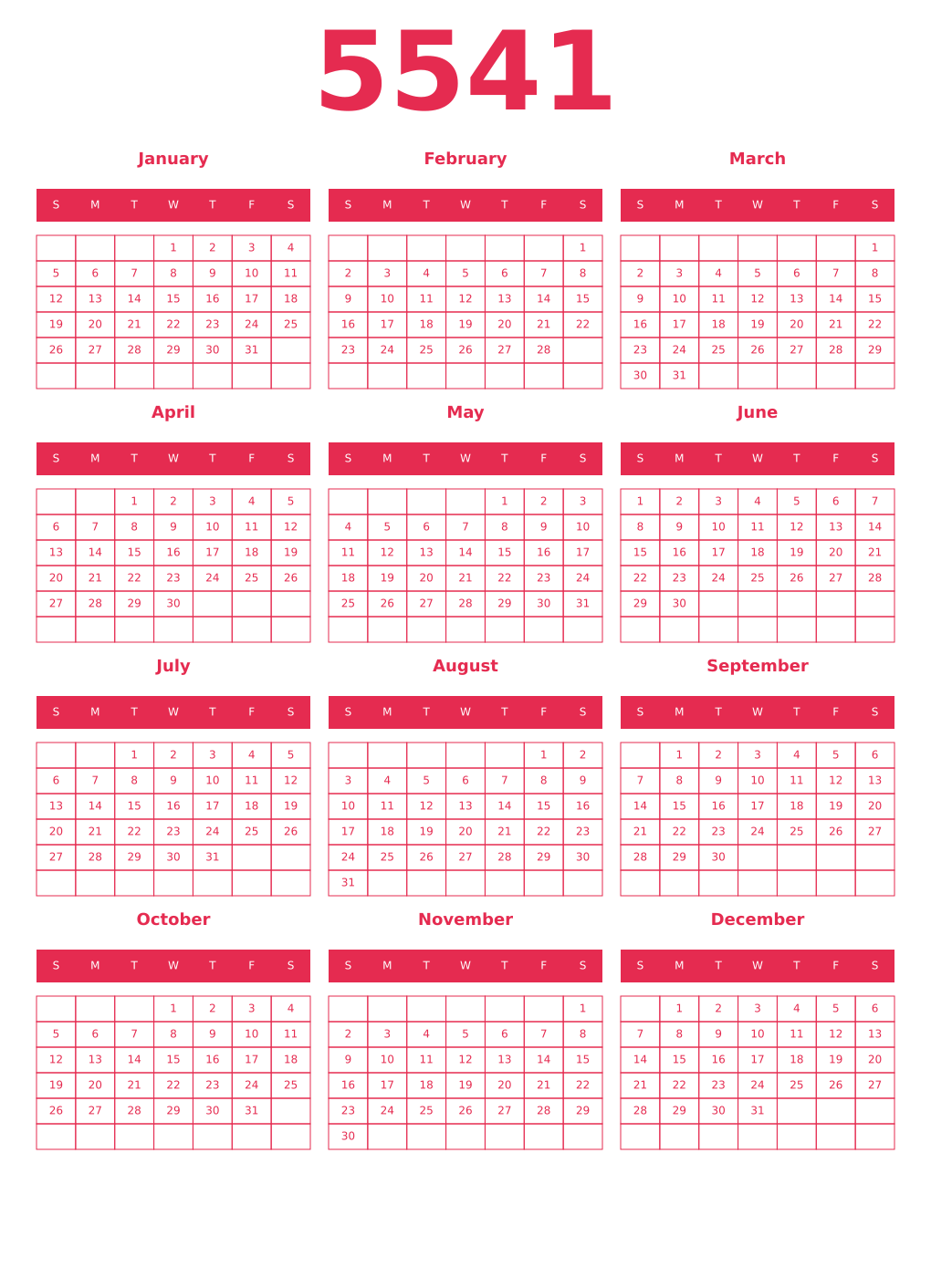 Printable 5541 Year Calendars amaranth