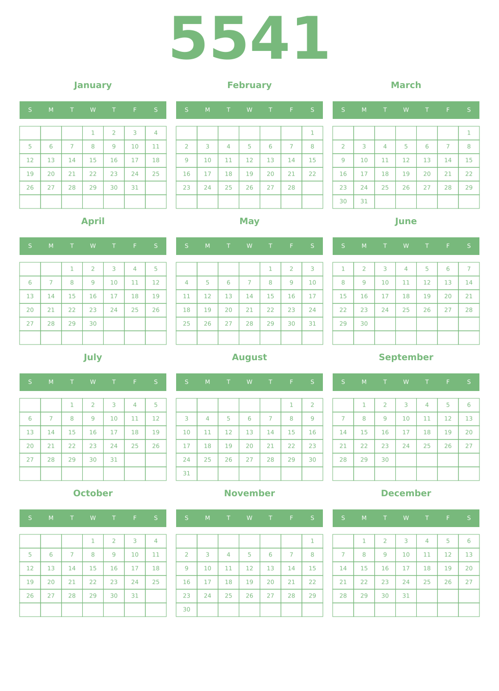 Printable 5541 Year Calendars celadon