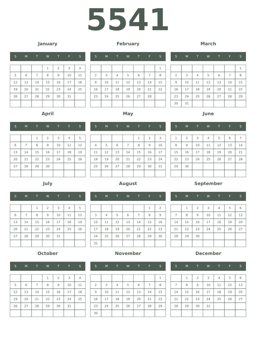 Printable 5541 Year Calendars feldgrau