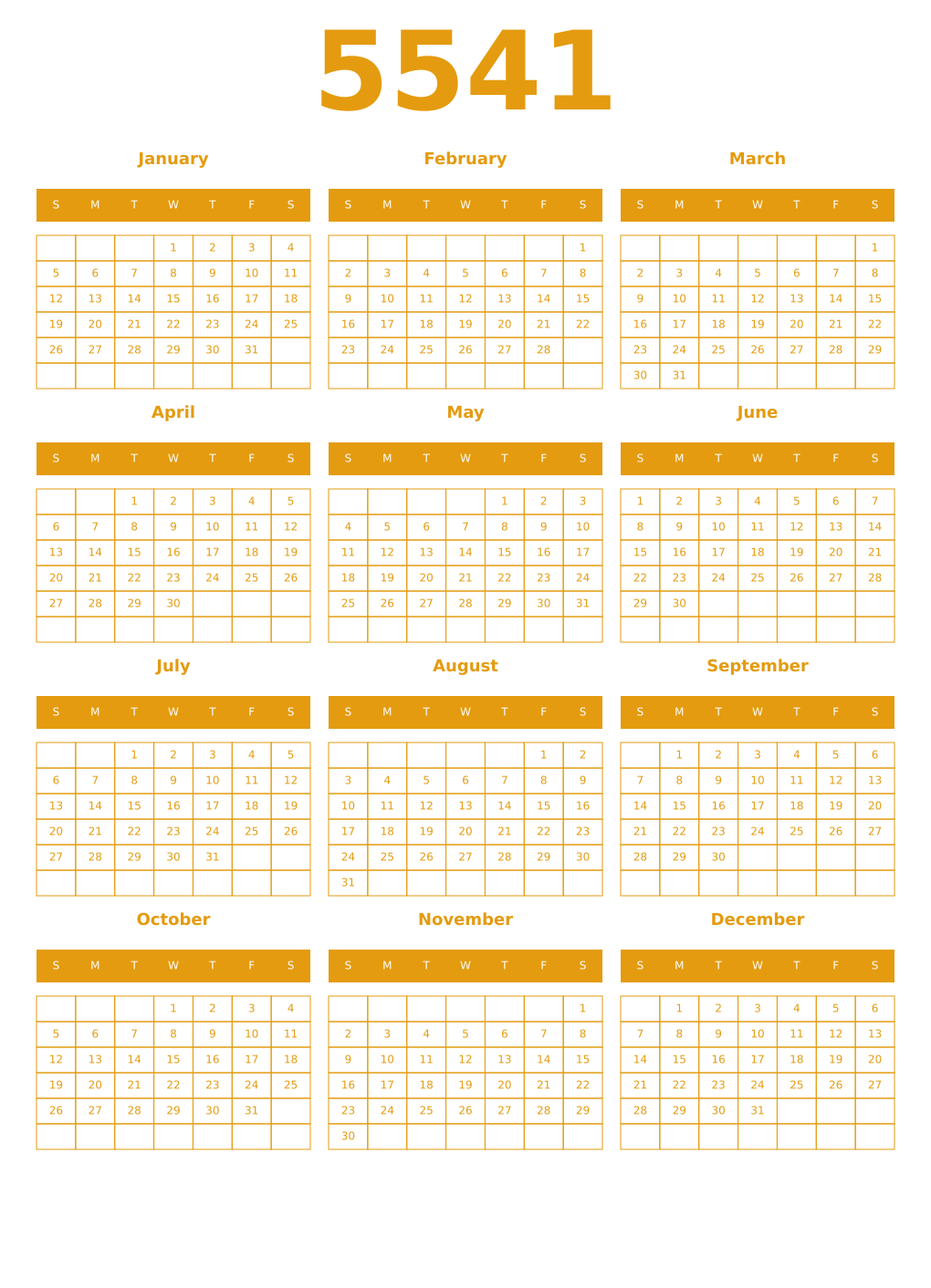 Printable 5541 Year Calendars gamboge