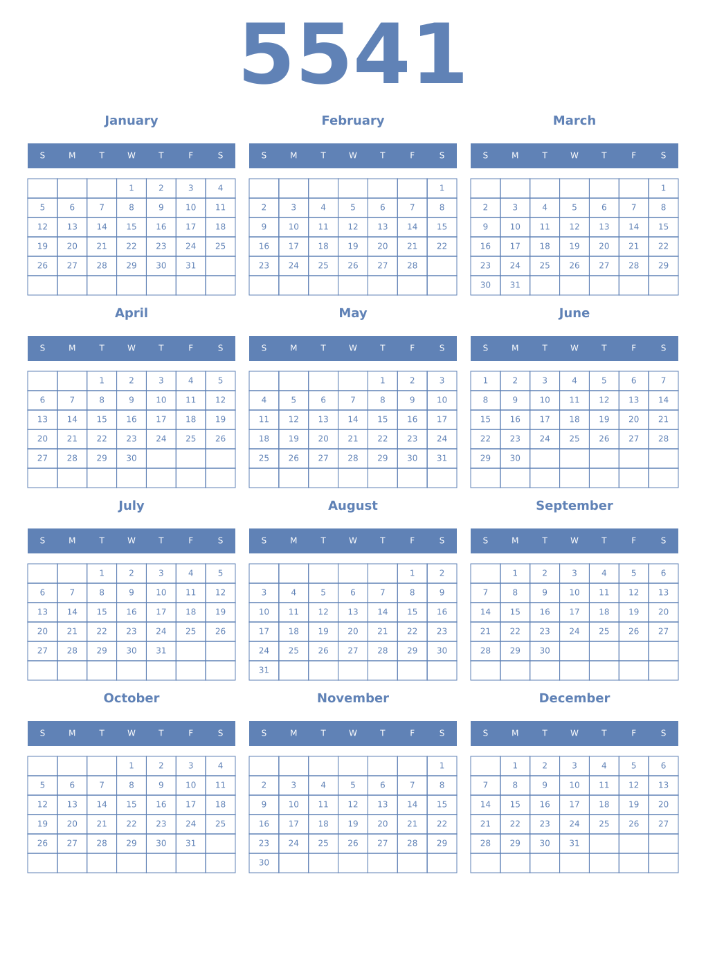 Printable 5541 Year Calendars glaucous
