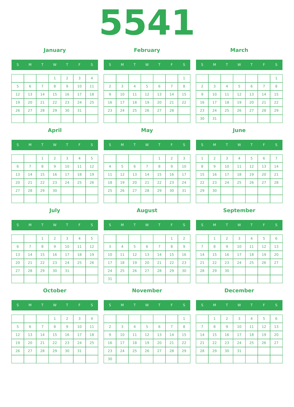Printable 5541 Year Calendars green