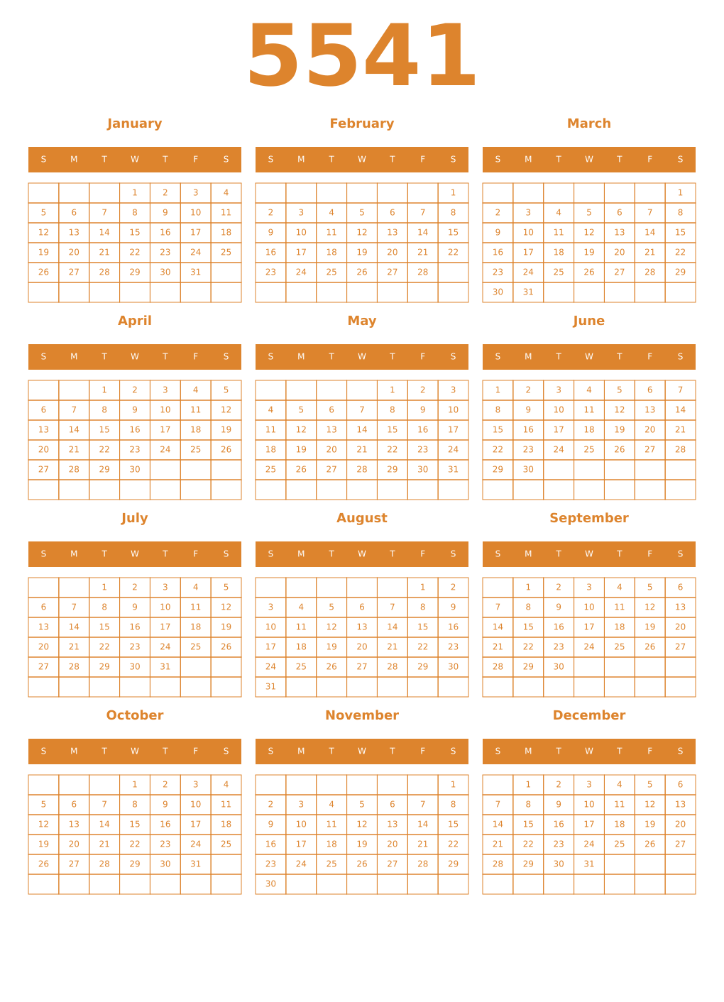 Printable 5541 Year Calendars orange