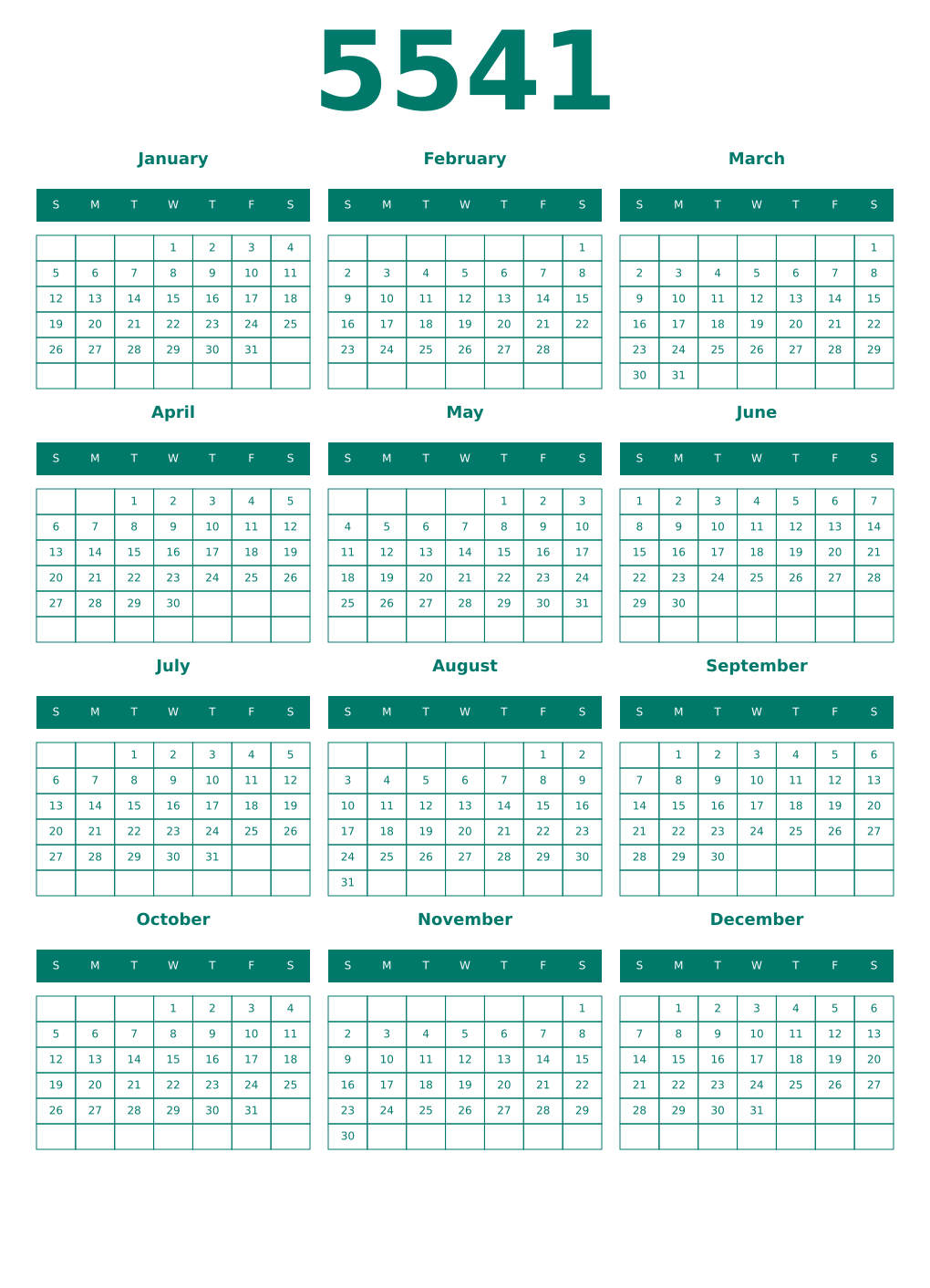 Printable 5541 Year Calendars pastel