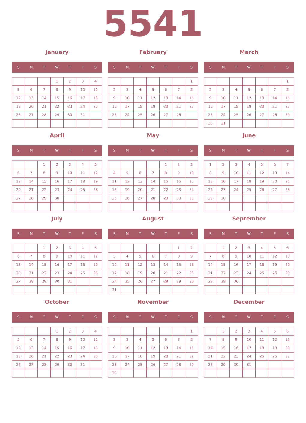 Printable 5541 Year Calendars puce