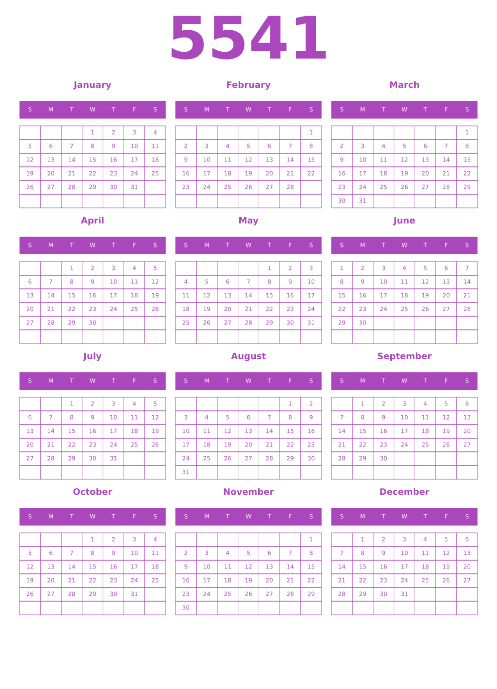 Printable 5541 Year Calendars purple
