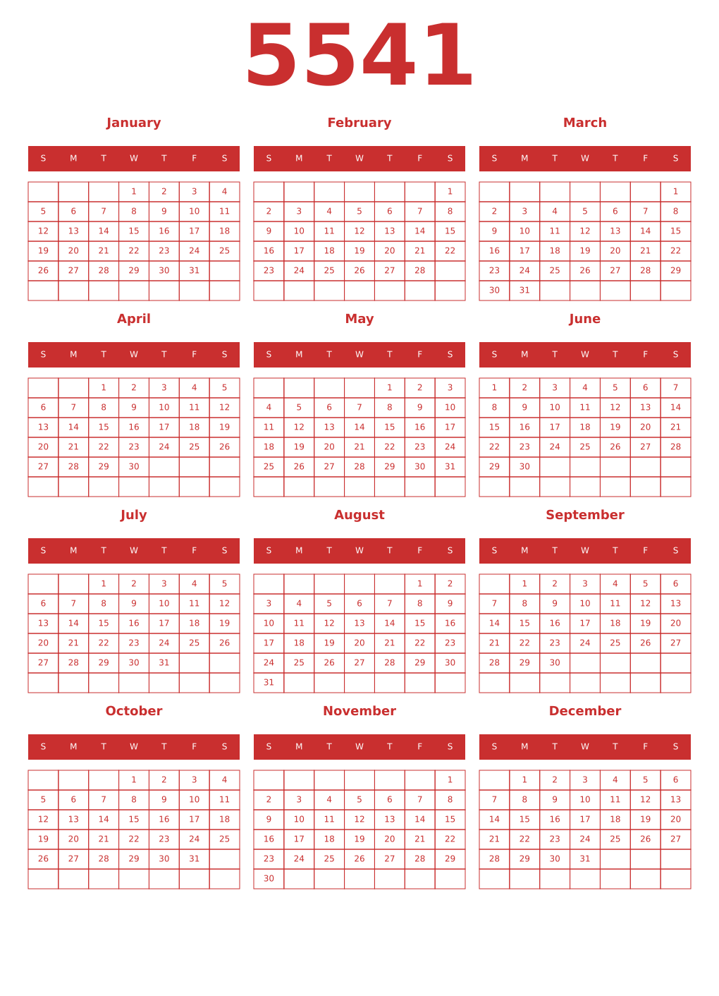 Printable 5541 Year Calendars red