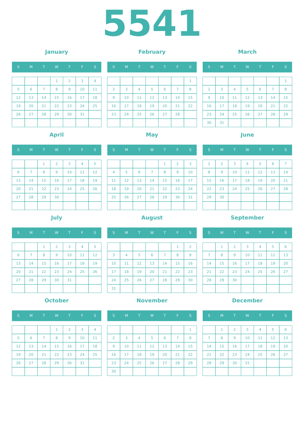 Printable 5541 Year Calendars verdigris