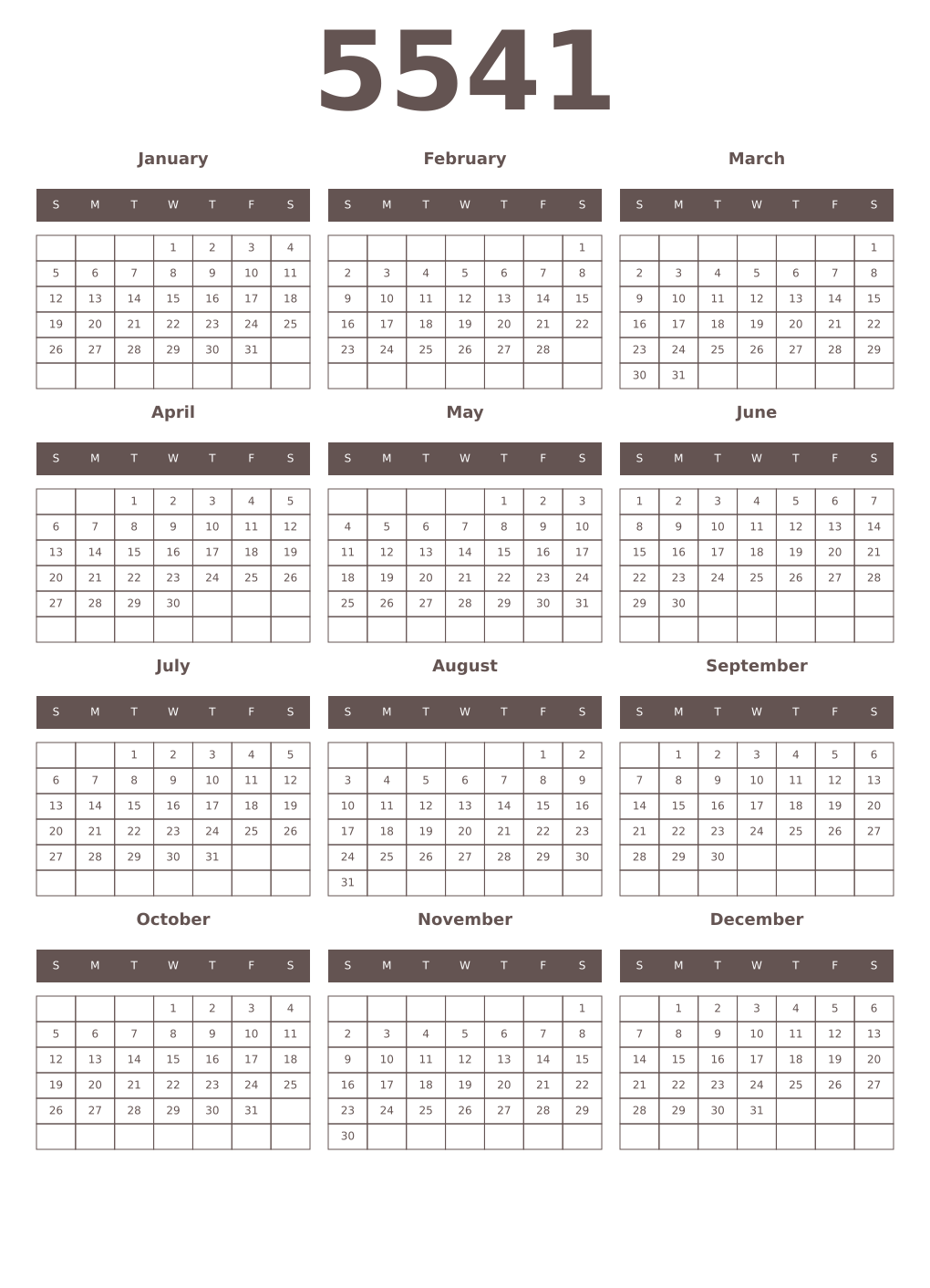 Printable 5541 Year Calendars wenge