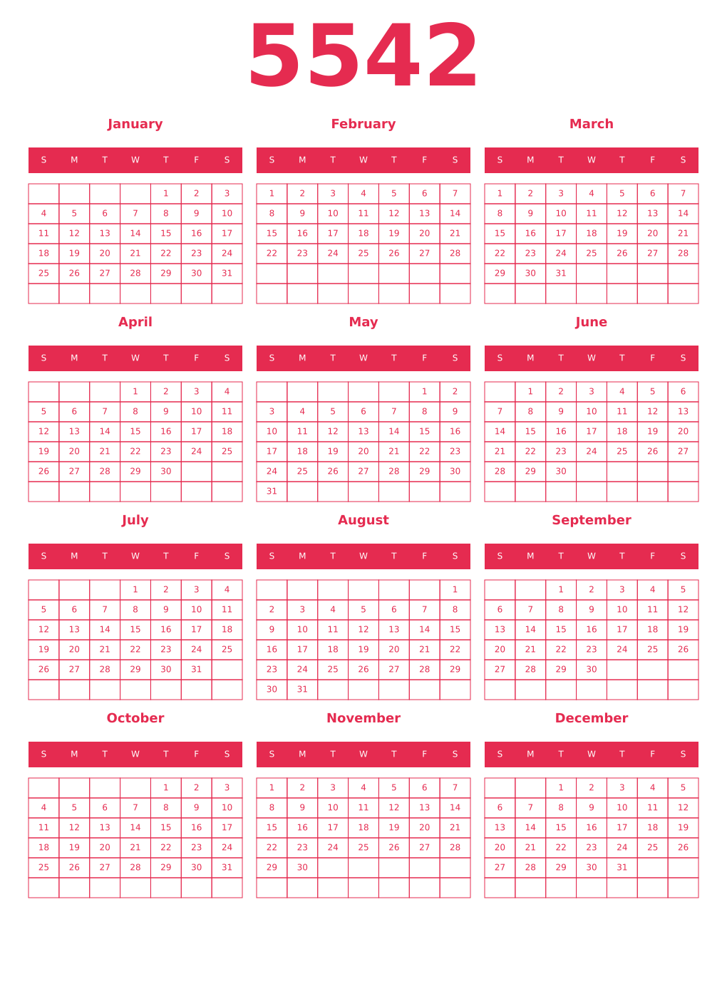 Printable 5542 Year Calendars amaranth