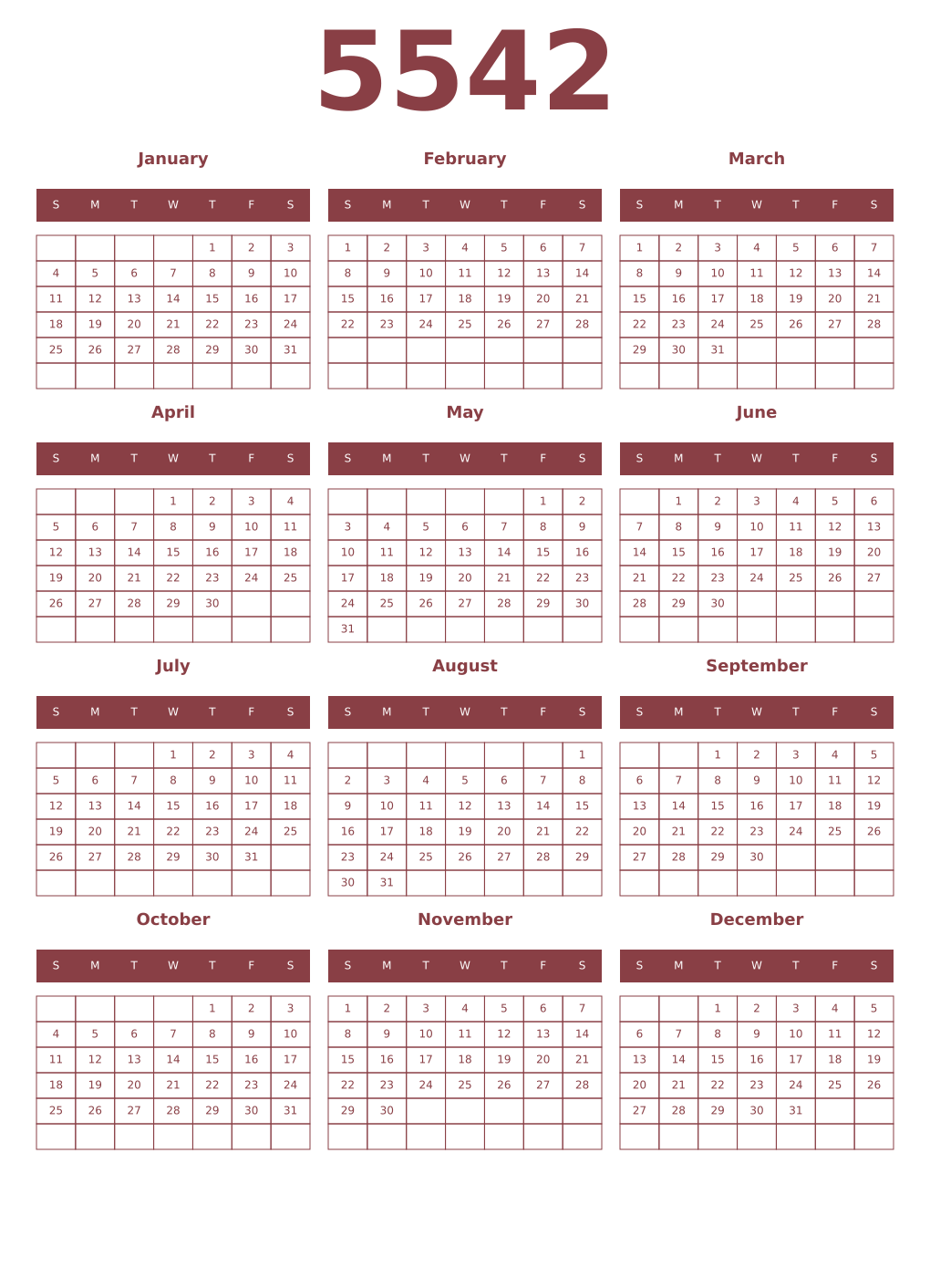 Printable 5542 Year Calendars cordovan