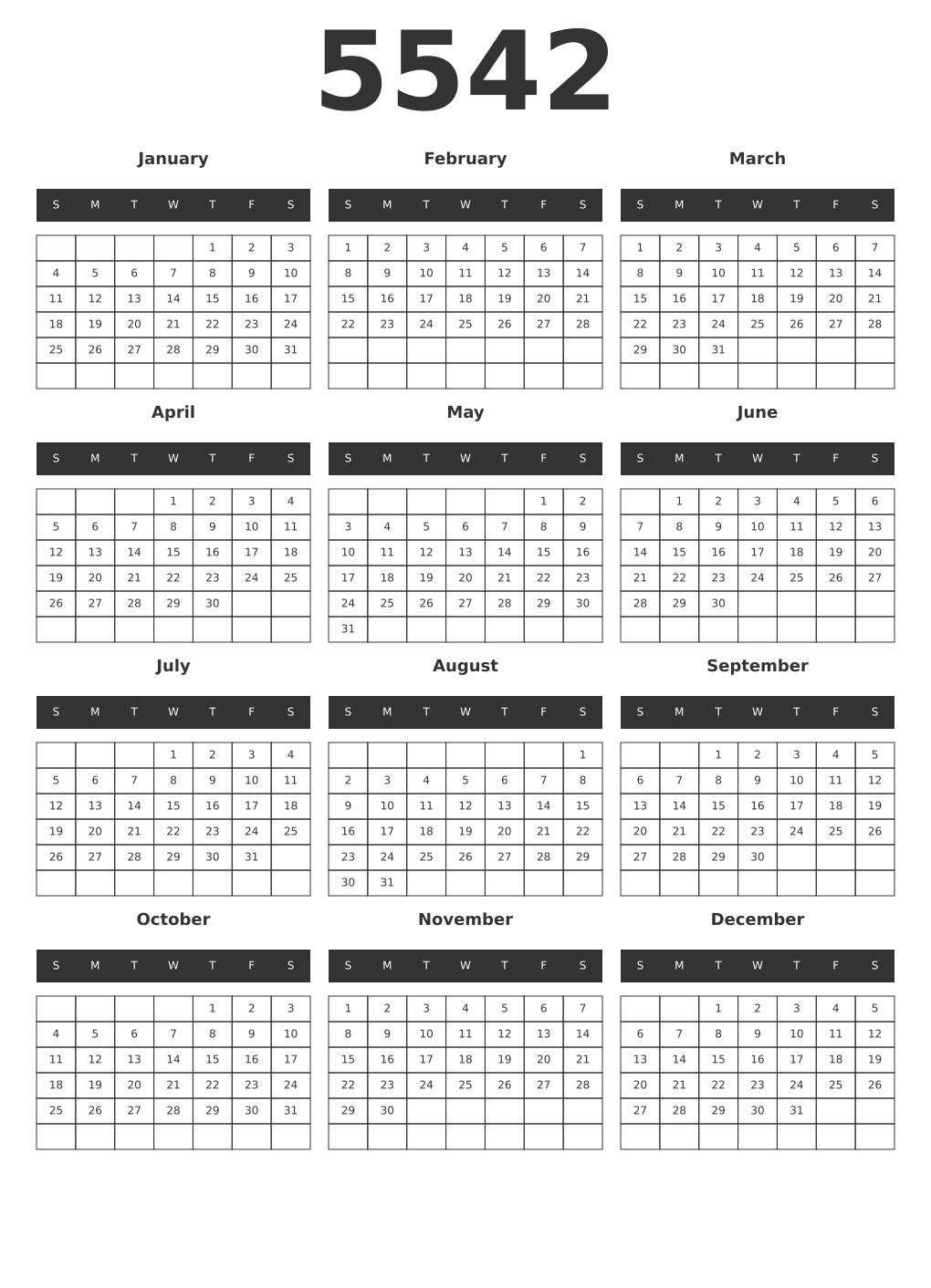 Printable 5542 Year Calendars dark