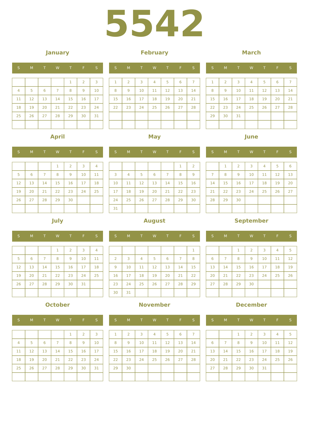 Printable 5542 Year Calendars eburnean