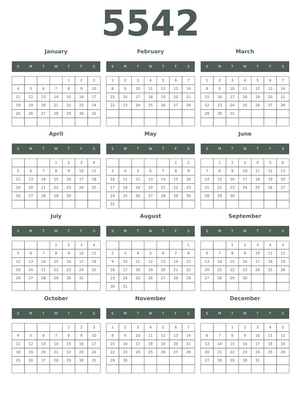 Printable 5542 Year Calendars feldgrau