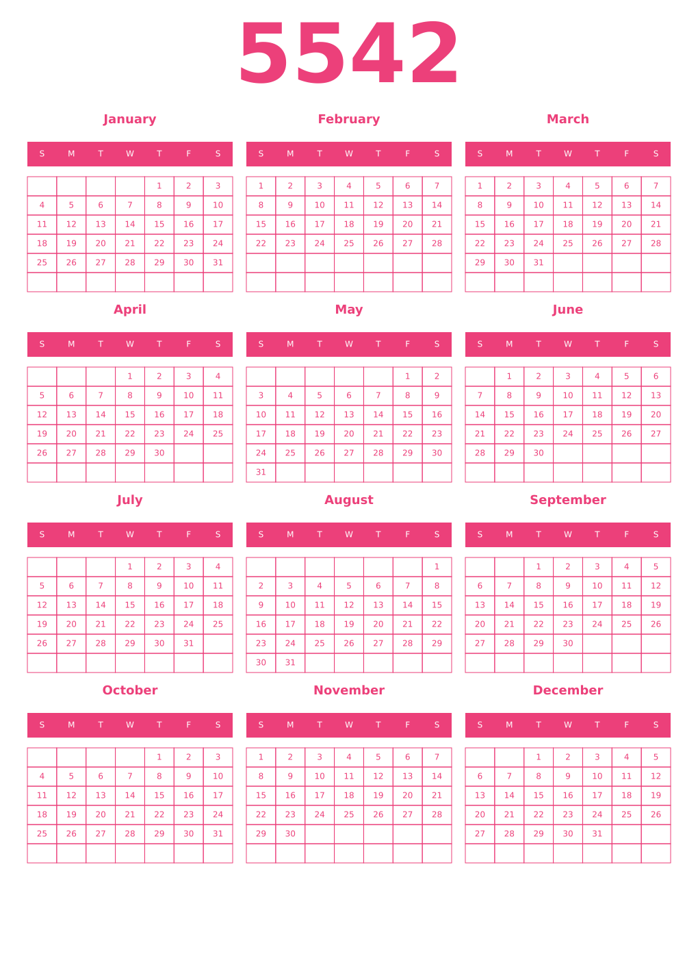 Printable 5542 Year Calendars pink