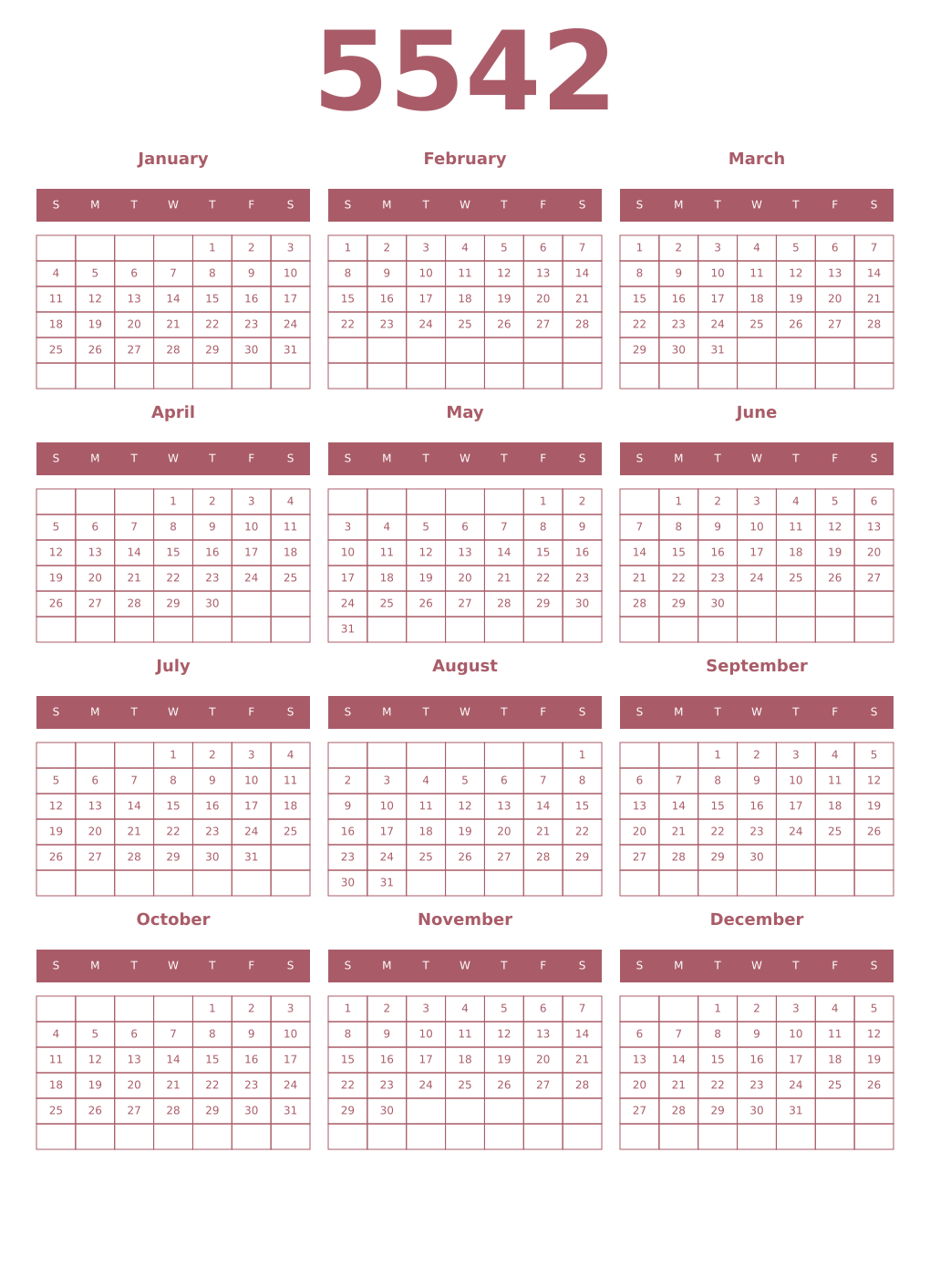 Printable 5542 Year Calendars puce