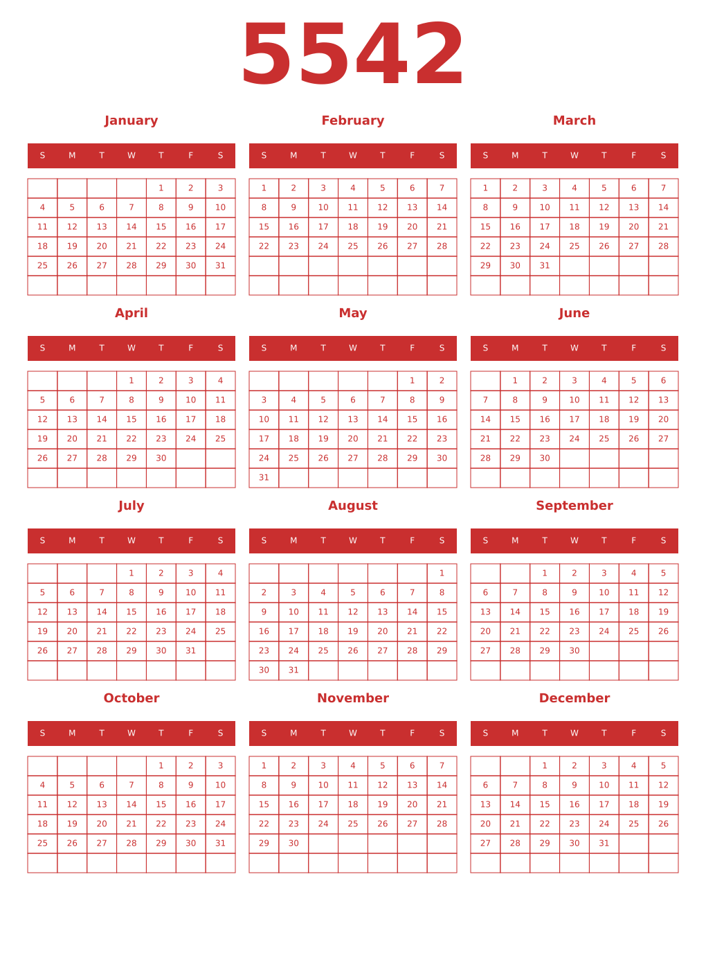 Printable 5542 Year Calendars red