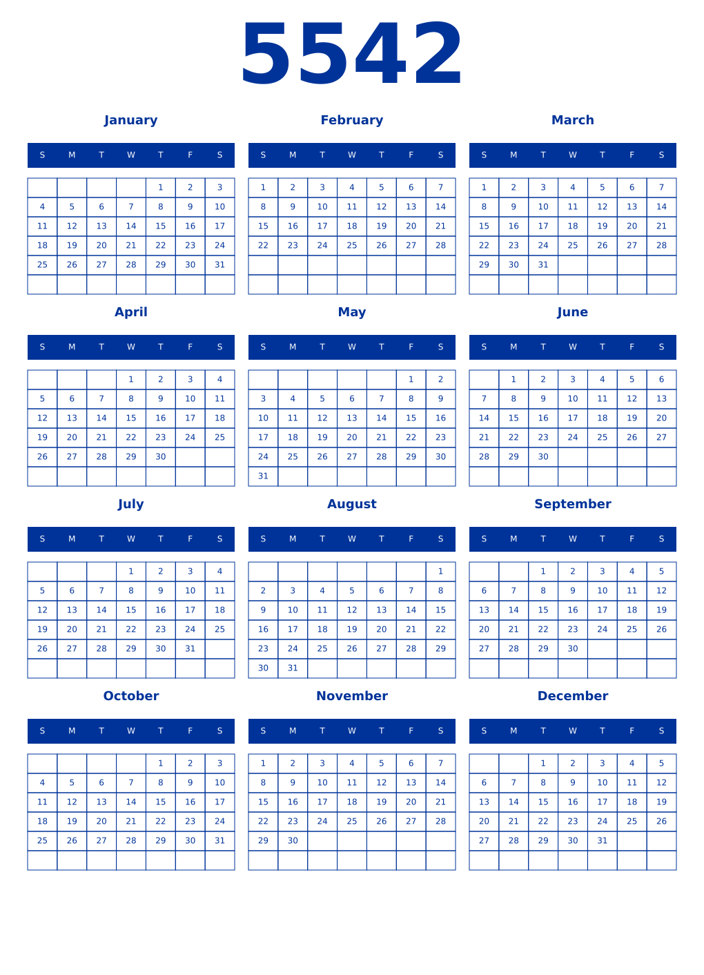 Printable 5542 Year Calendars smalt