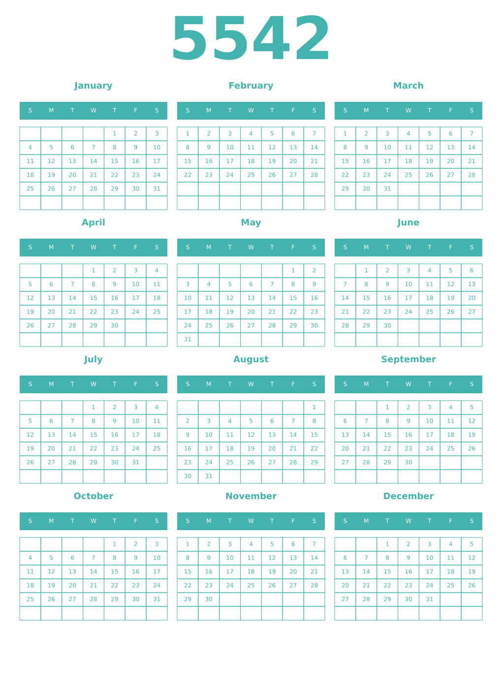 Printable 5542 Year Calendars verdigris