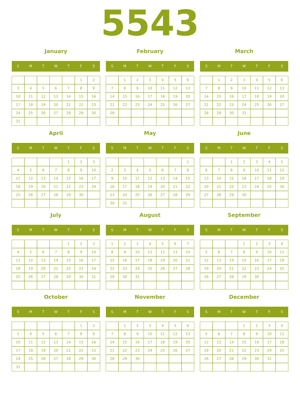 Printable 5543 Year Calendars chartreuse