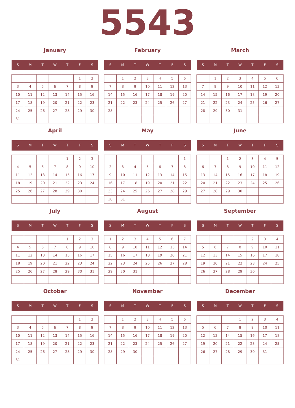 Printable 5543 Year Calendars cordovan