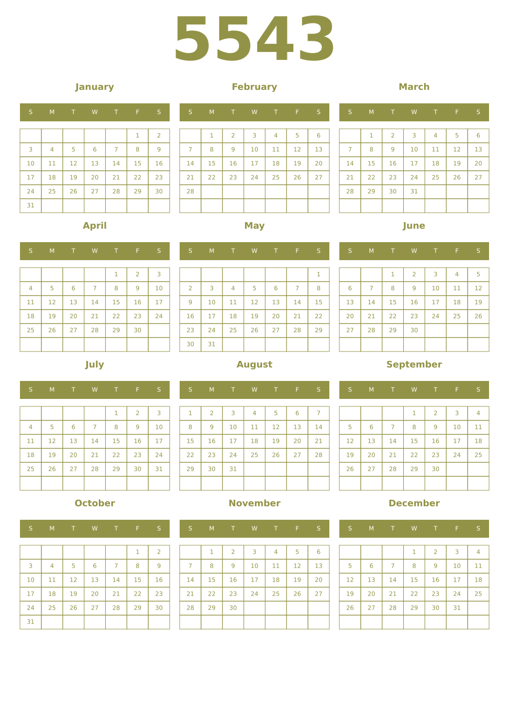 Printable 5543 Year Calendars eburnean