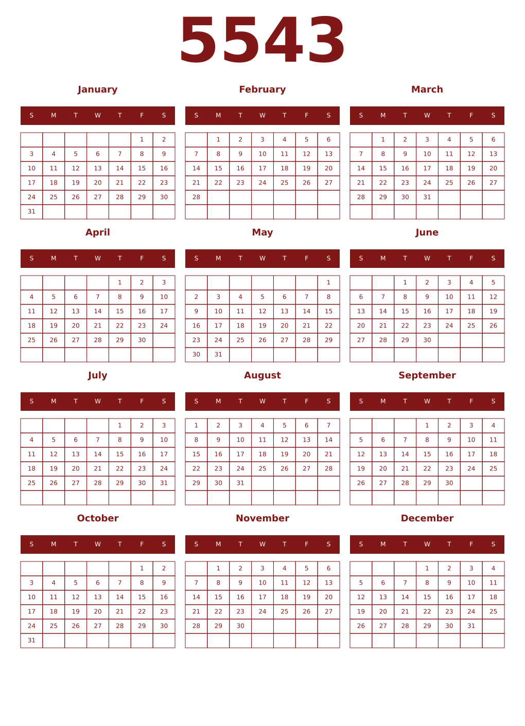 Printable 5543 Year Calendars falu
