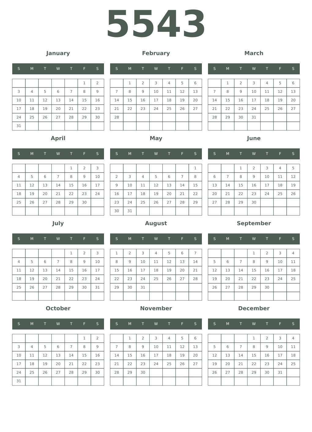 Printable 5543 Year Calendars feldgrau