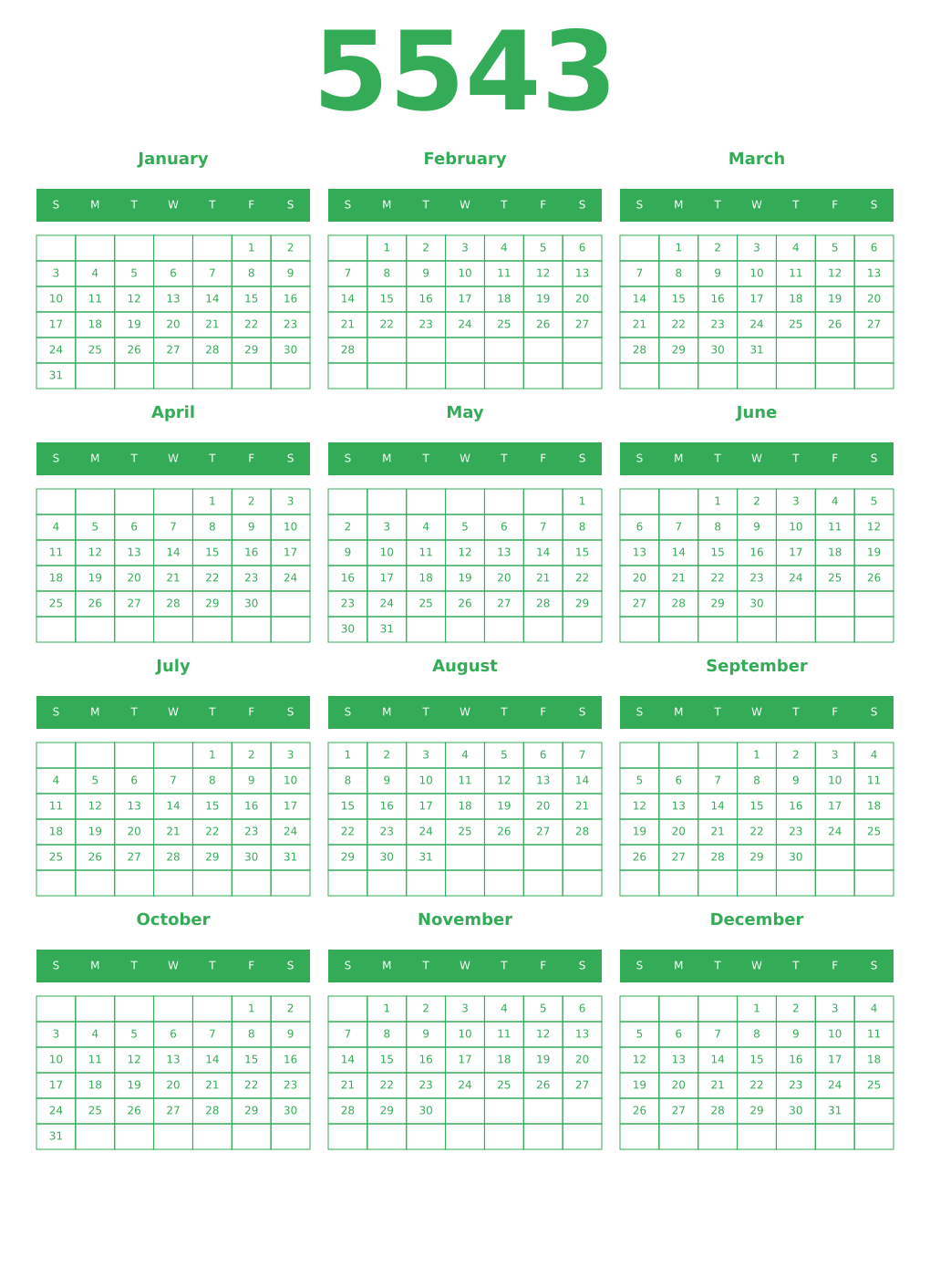 Printable 5543 Year Calendars green